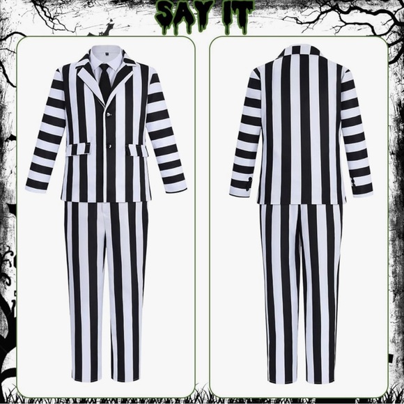Black and White Striped Suit Men Scary Beetlejuice Costume Adult Size M - Picture 4 of 6